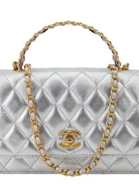 Chanel WOC Calfskin Leather Top Handle Crossbody Bag Metallic Silver